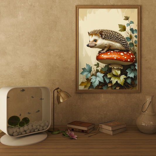 Hedgehog sitting on Mushroom Cottage Style Art Print - Digital Download