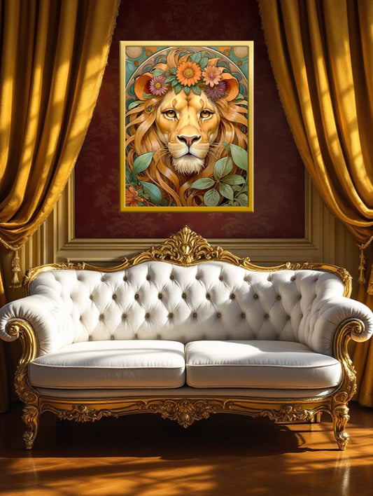 Beautiful Portrait of a Lion with Flowers in Art Nouveau Style - Digital Download