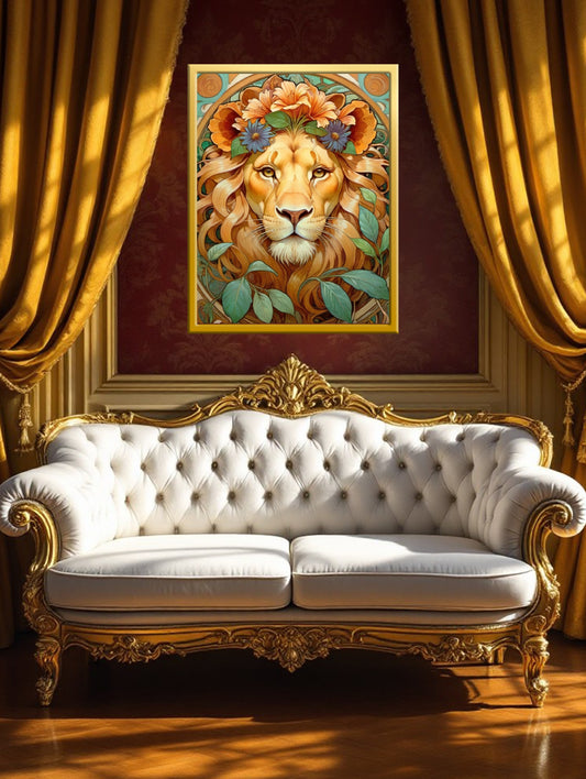 Beautiful Portrait of a Lion with Flowers in Art Nouveau Style - Digital Download