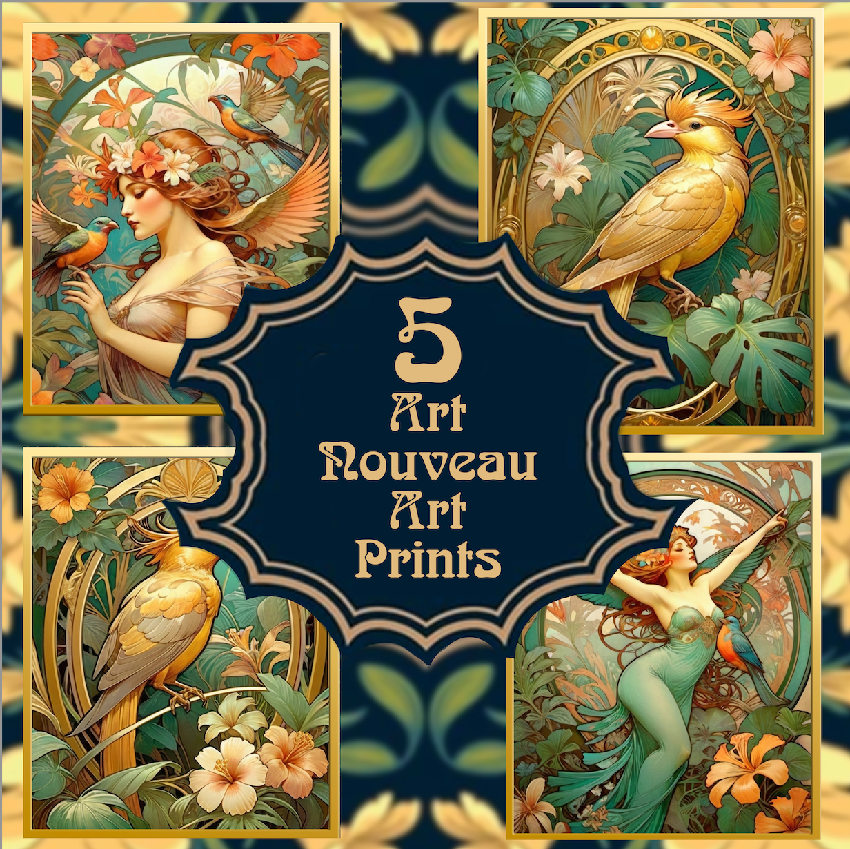Package of 5 Art Nouveau Golden Age Art Prints - Tropical Birds - Digital Download