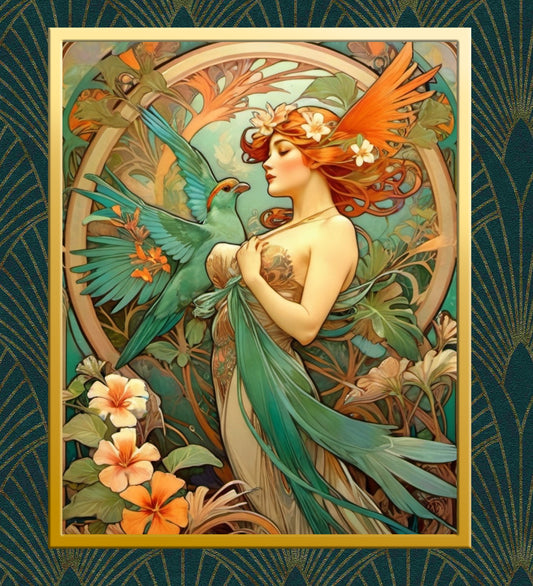 Beautiful Portrait of a Woman in Art Nouveau Style - Tropical Birds - Digital Download