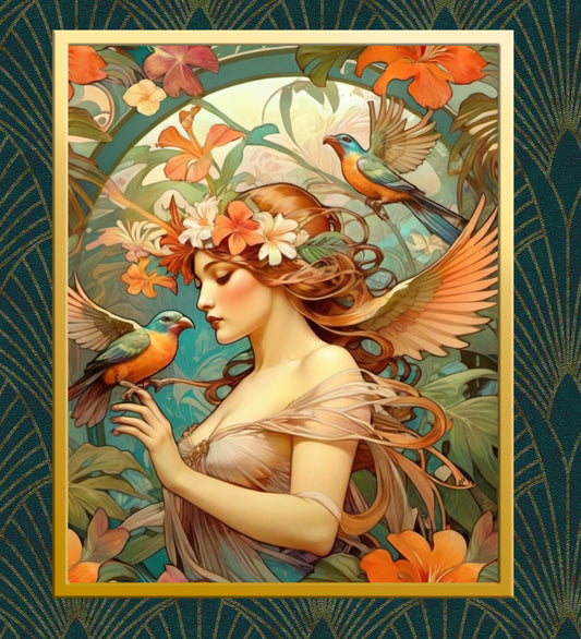 Beautiful Portrait of a Woman in Art Nouveau Style - Tropical Birds - Digital Download
