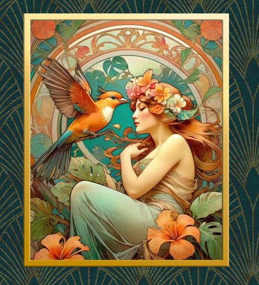 Beautiful Portrait of a Woman in Art Nouveau Style - Tropical Birds - Digital Download