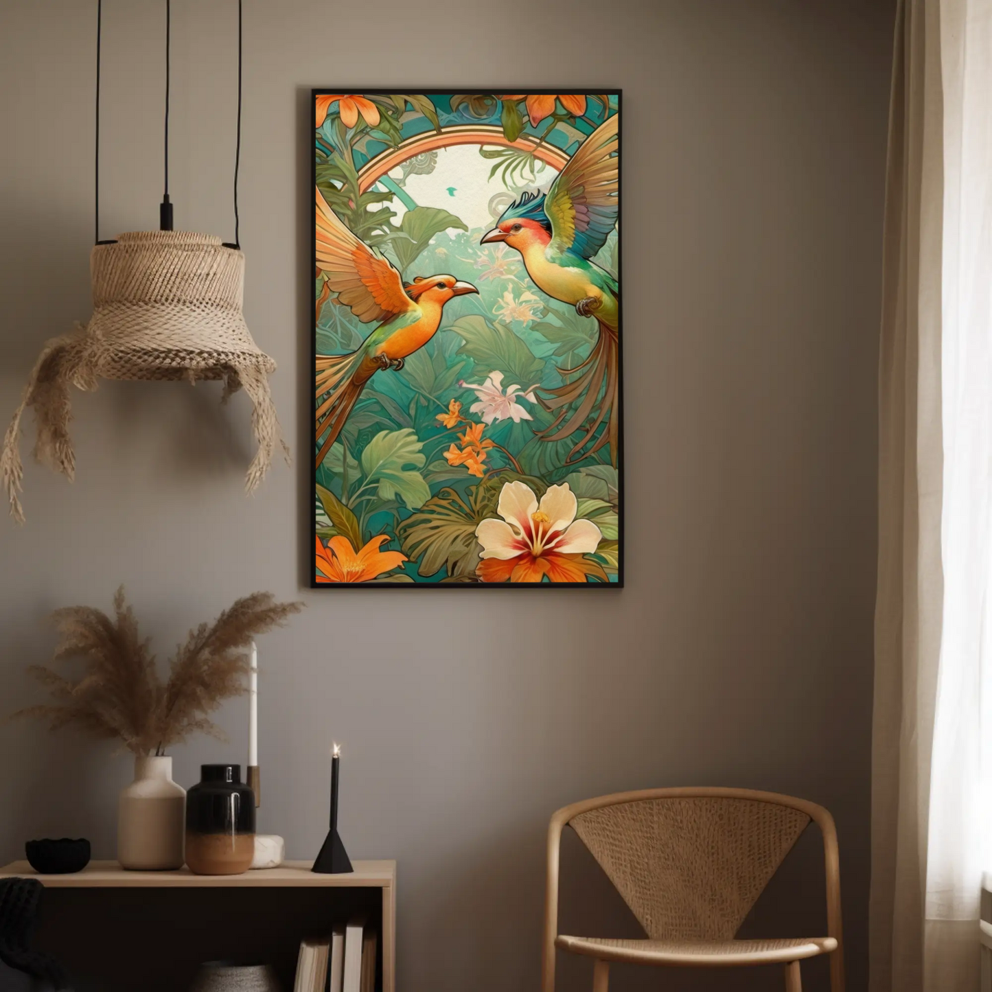 Beautiful Tropical Art Nouveau Style Art Print - Tropical Birds - Digital Download