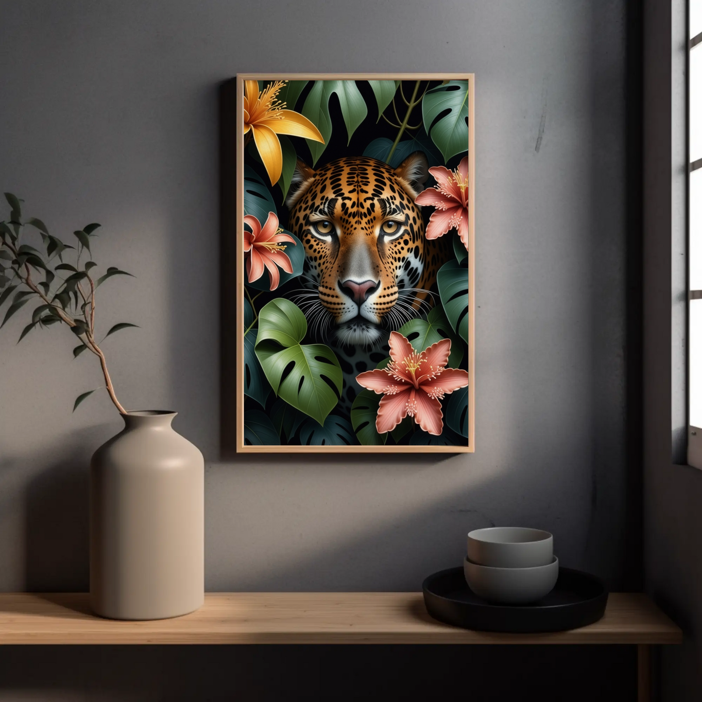 Jaguar Sneeking through Jungle Leaves Floral Art Print - Digital Download