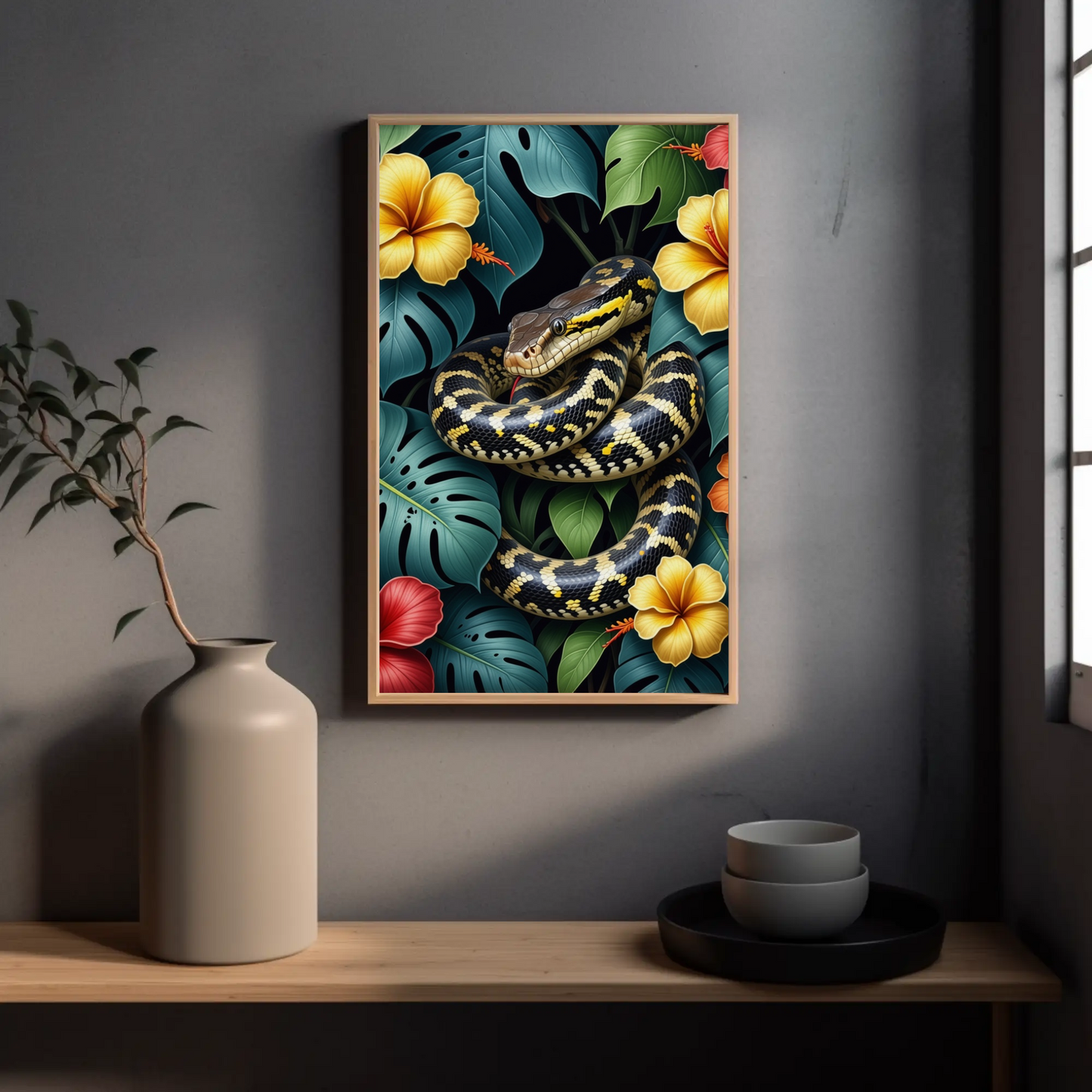 Boa Constrictor surrounded by Jungle Leaves Tropical Art Print - Digital Download