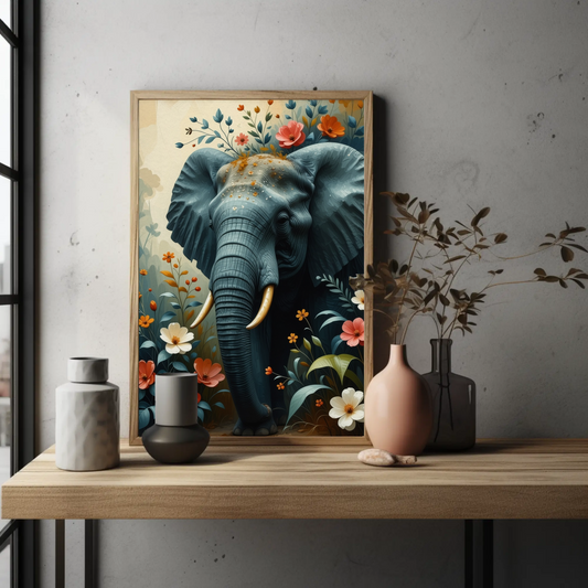 Elephant Portrait with Flowers Art Print - Digital Download