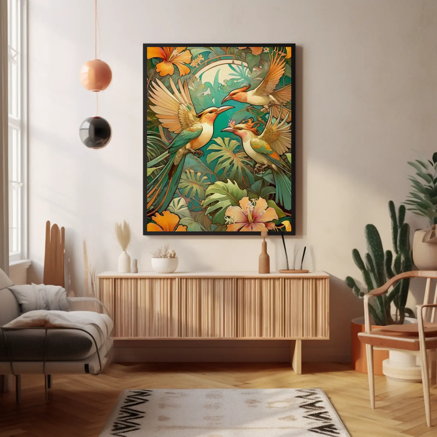 Beautiful Tropical Art Nouveau Style Art Print - Tropical Birds - Digital Download