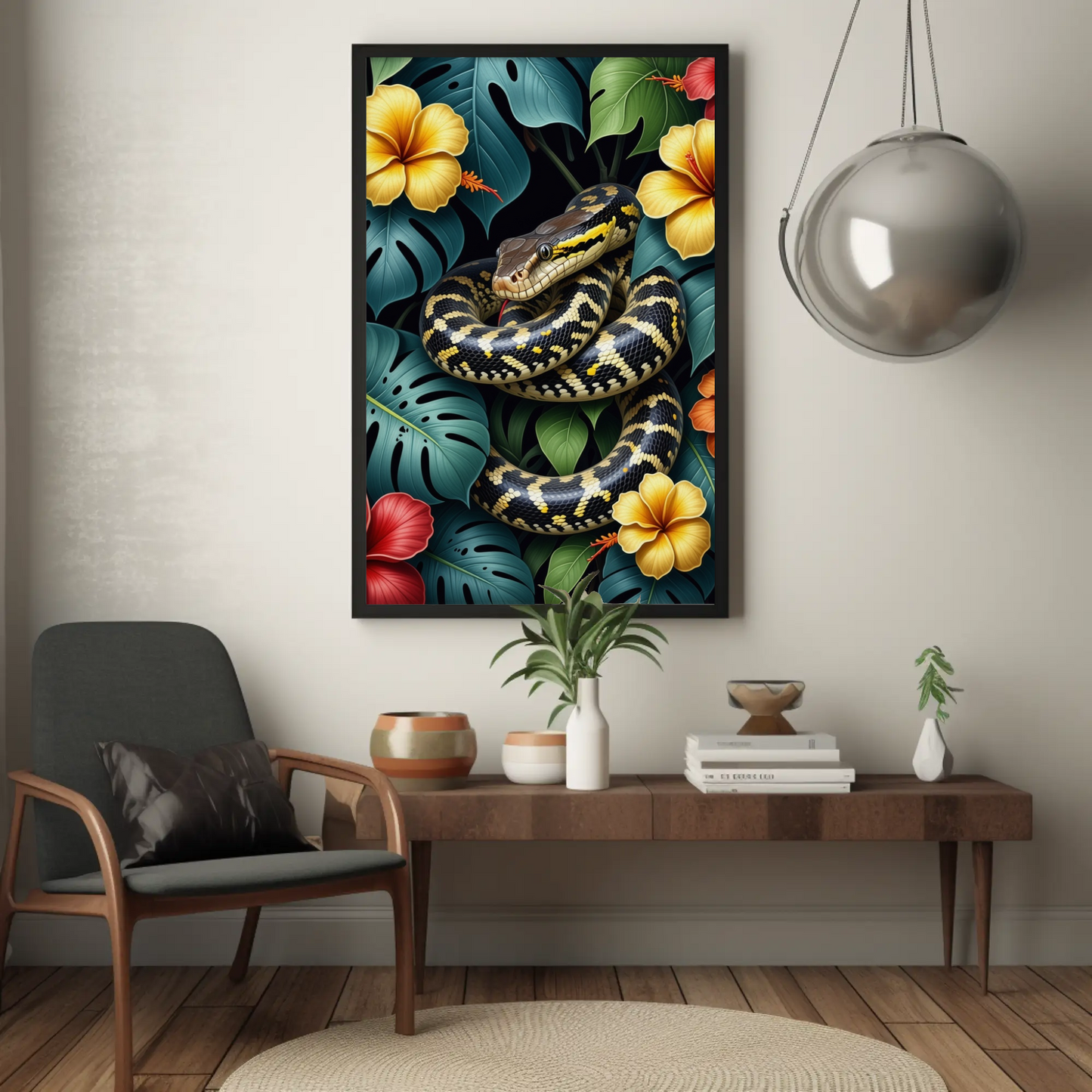 Boa Constrictor surrounded by Jungle Leaves Tropical Art Print - Digital Download
