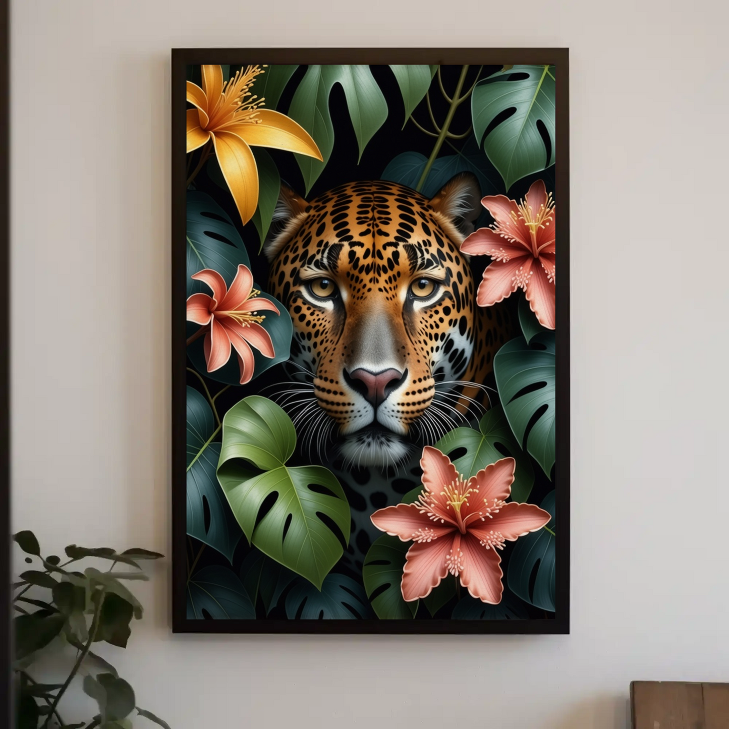 Jaguar Sneeking through Jungle Leaves Floral Art Print - Digital Download