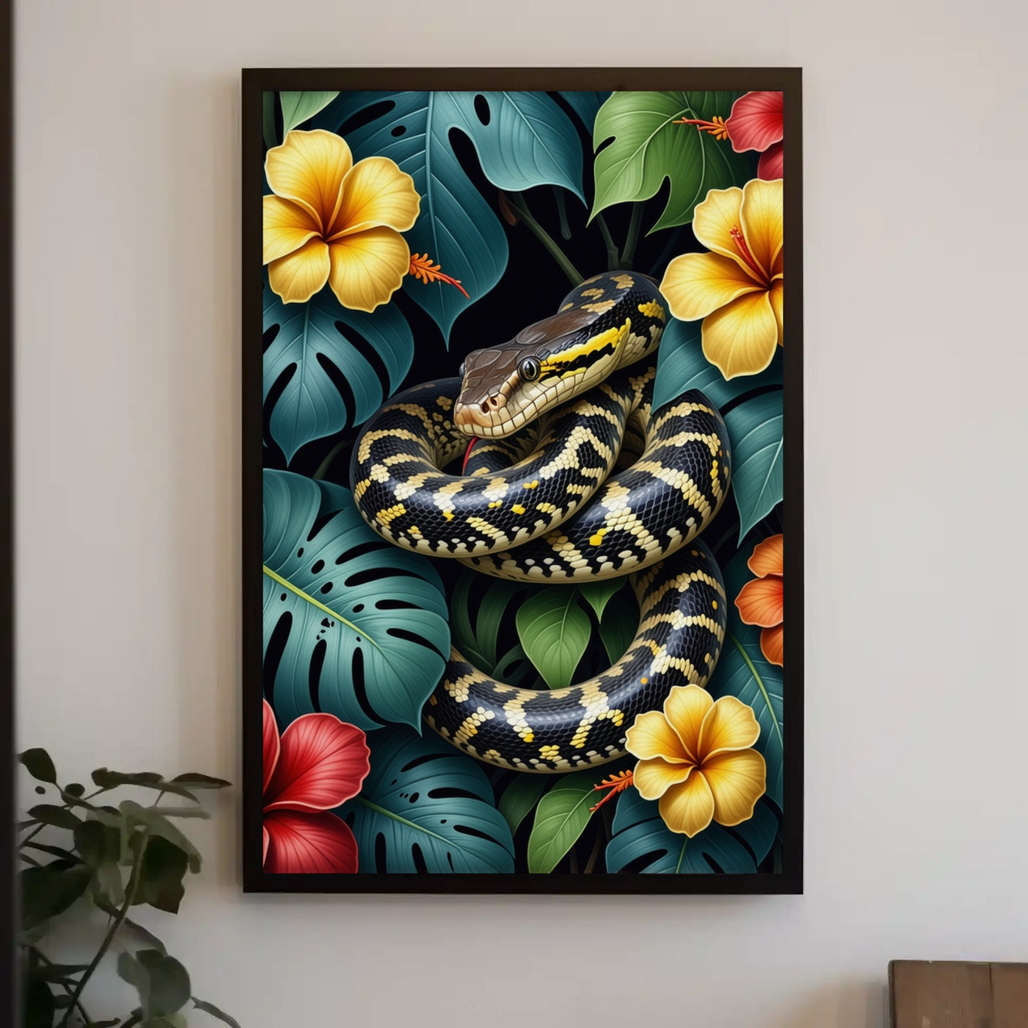 Boa Constrictor surrounded by Jungle Leaves Tropical Art Print - Digital Download