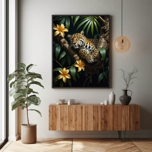 Jaguar Relaxing Jungle Leaves Floral Art Print - Digital Download