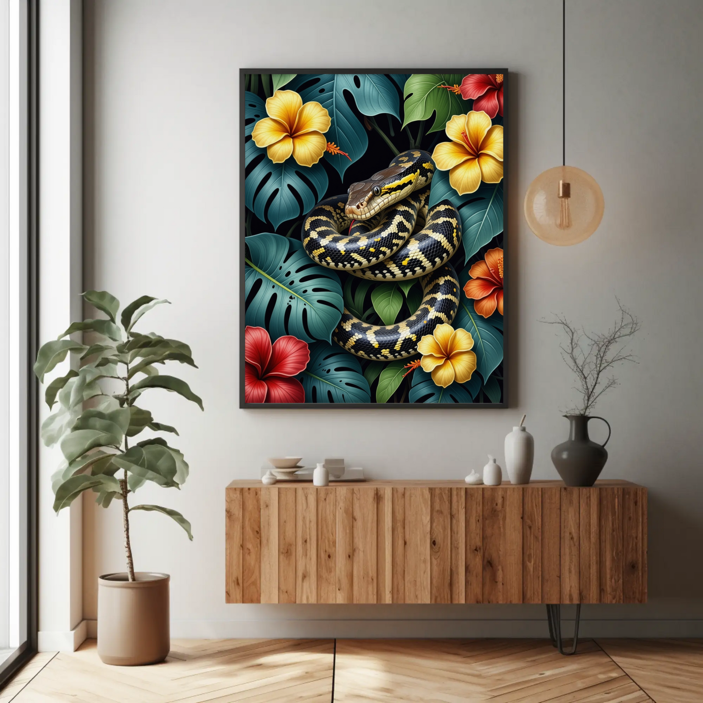 Boa Constrictor surrounded by Jungle Leaves Tropical Art Print - Digital Download
