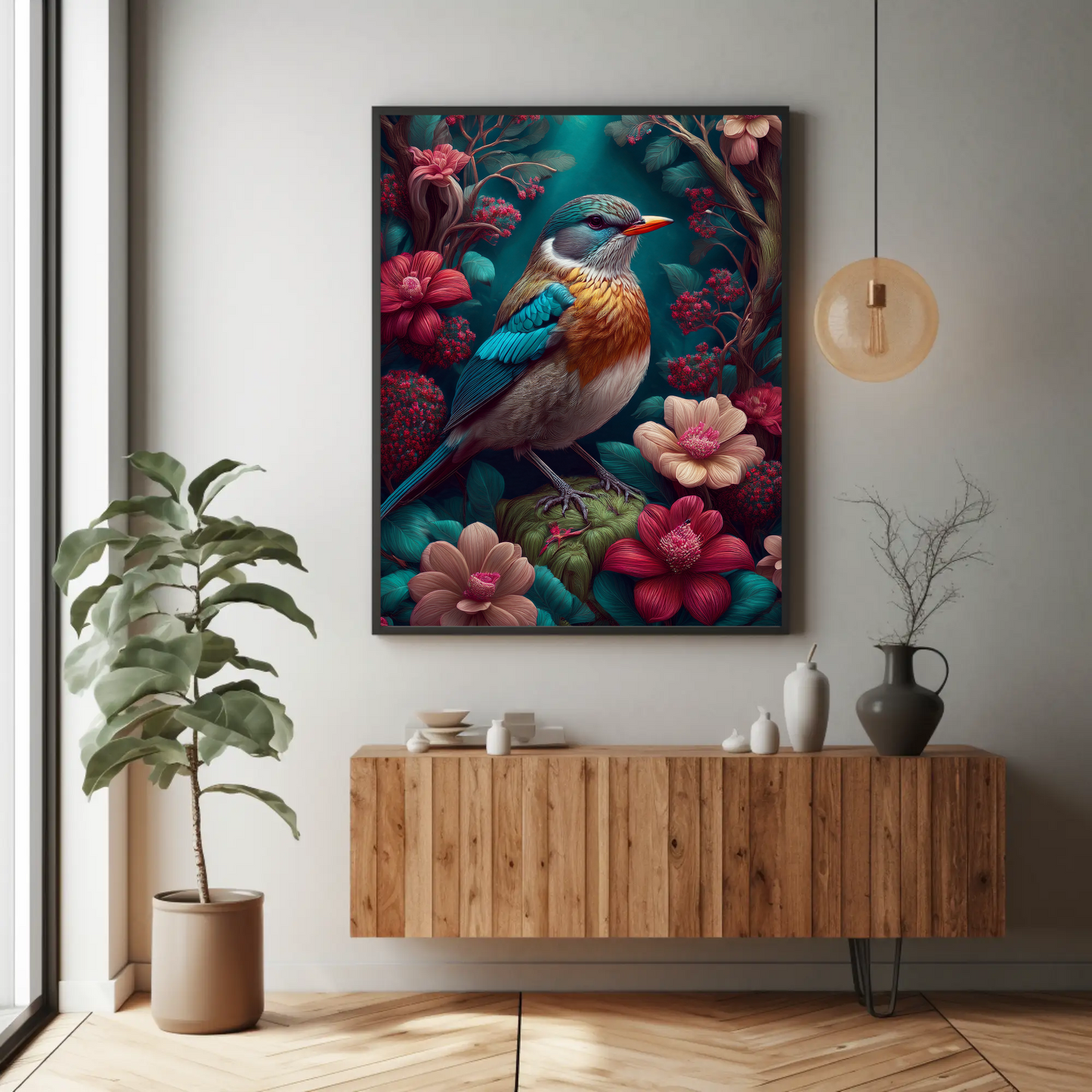 Robin Beautiful Floral Bird Art Print - Digital Download