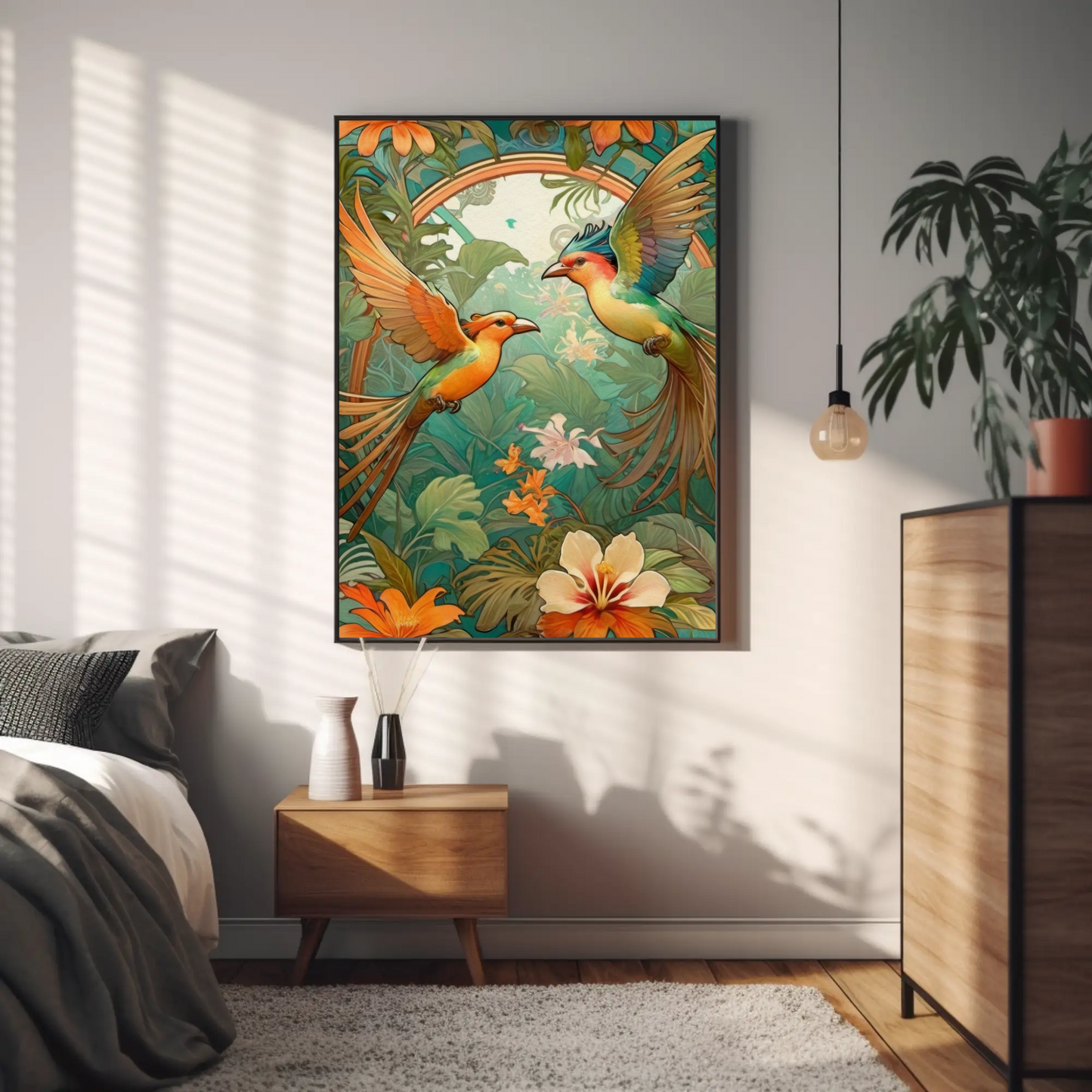 Beautiful Tropical Art Nouveau Style Art Print - Tropical Birds - Digital Download