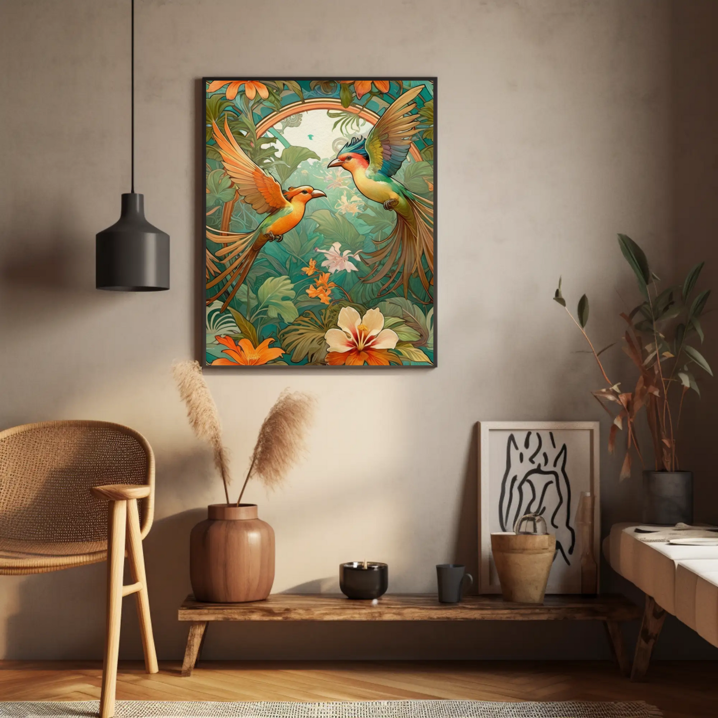 Beautiful Tropical Art Nouveau Style Art Print - Tropical Birds - Digital Download