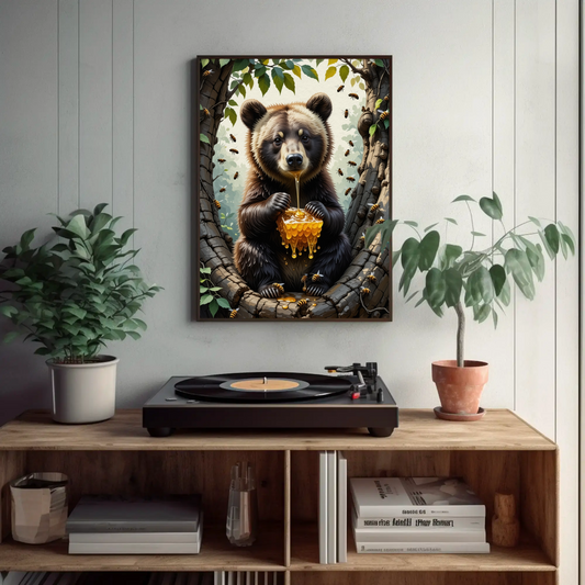 Bear eating a Honey Comb on a Forest Tree Art Print - Digital Download