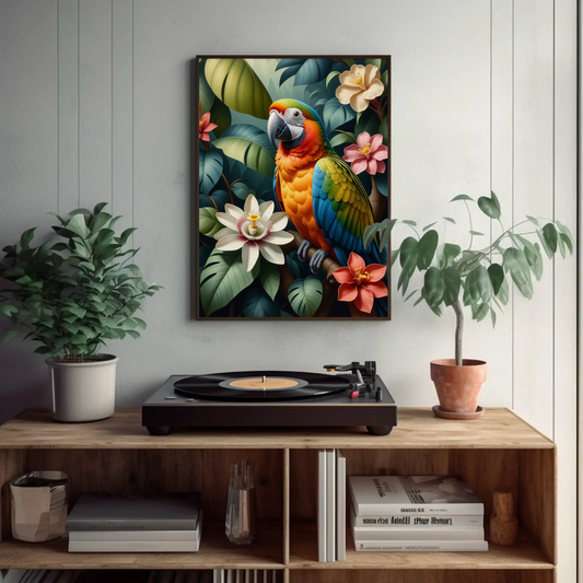 Parrot surrounded by Jungle Leaves Tropical Art Print - Digital Download