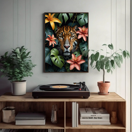 Jaguar Sneeking through Jungle Leaves Floral Art Print - Digital Download
