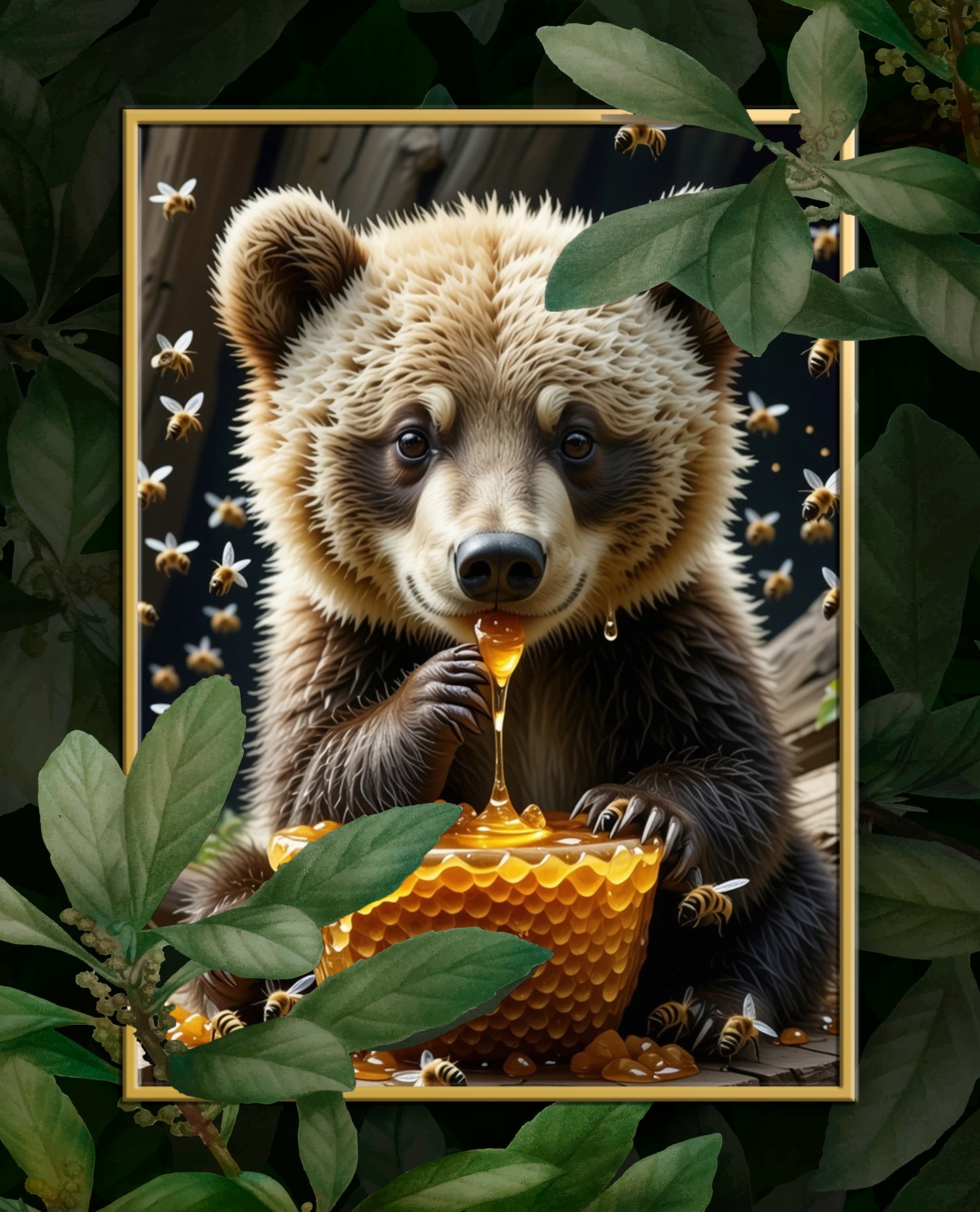Bear eating Honey Comb on a Forest Tree Art Print - Digital Download