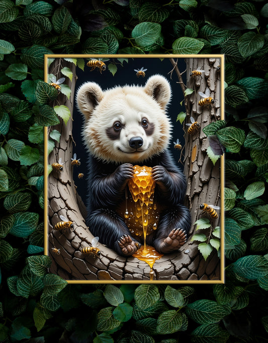 Cute Bear eating Honey Comb on a Forest Tree Art Print - Digital Download
