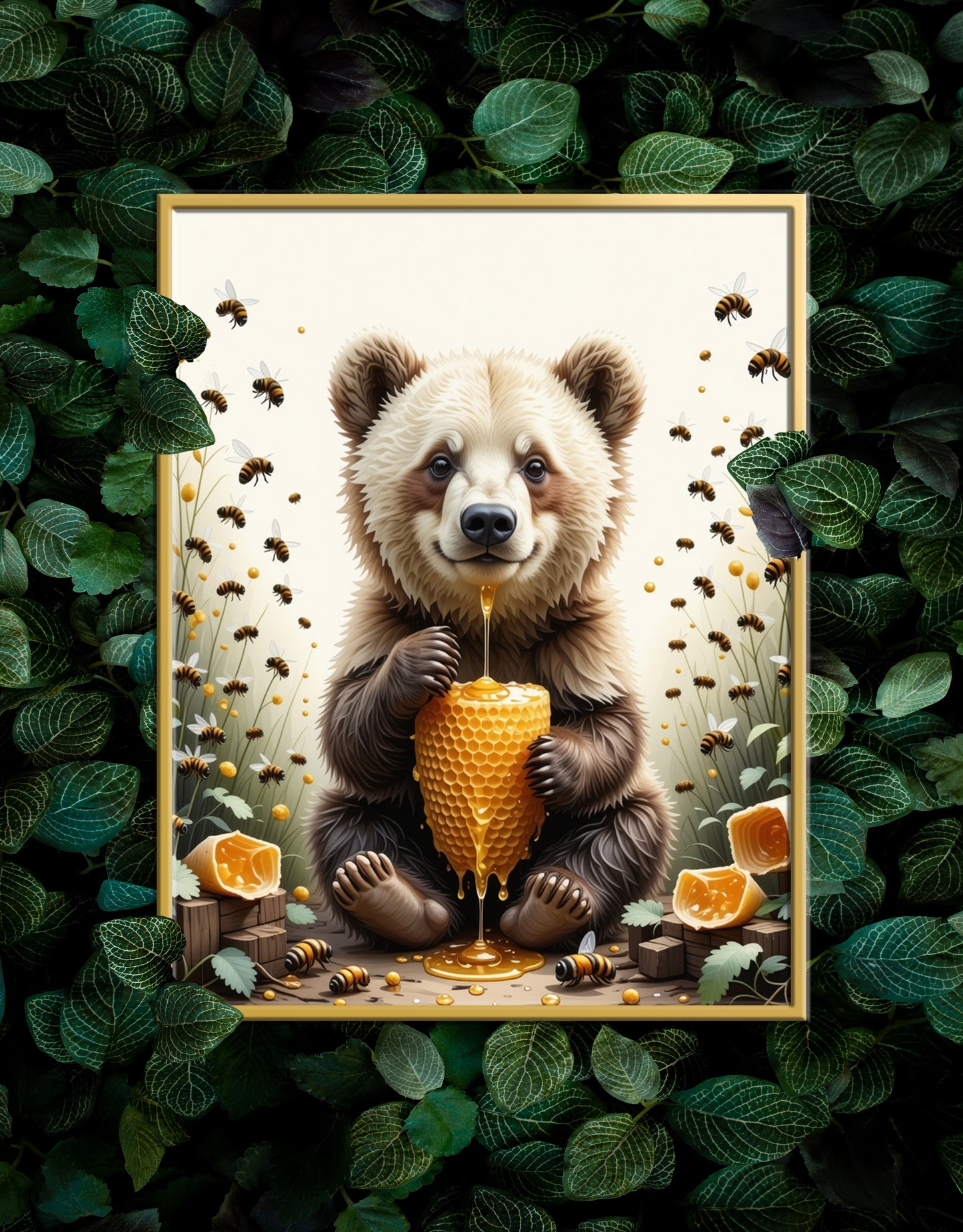 Bear eating a Honey Comb on a Forest Tree Art Print - Digital Download