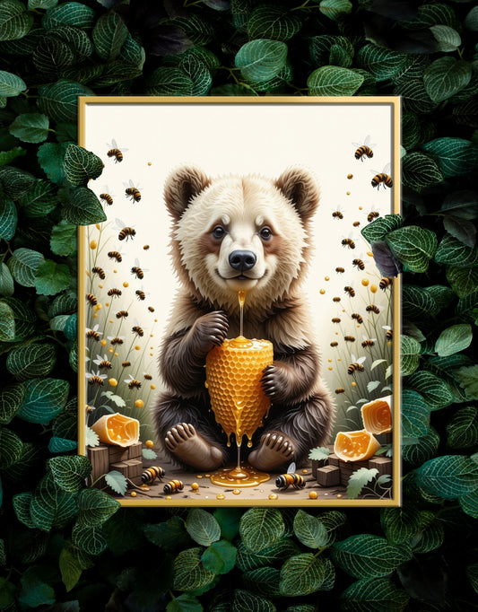 Bear eating a Honey Comb on a Forest Tree Art Print - Digital Download