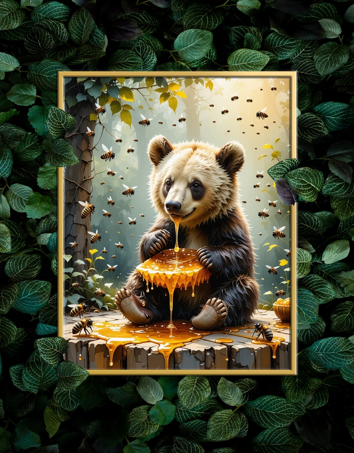 Bear eating a Honey Comb on a Forest Tree Art Print - Digital Download