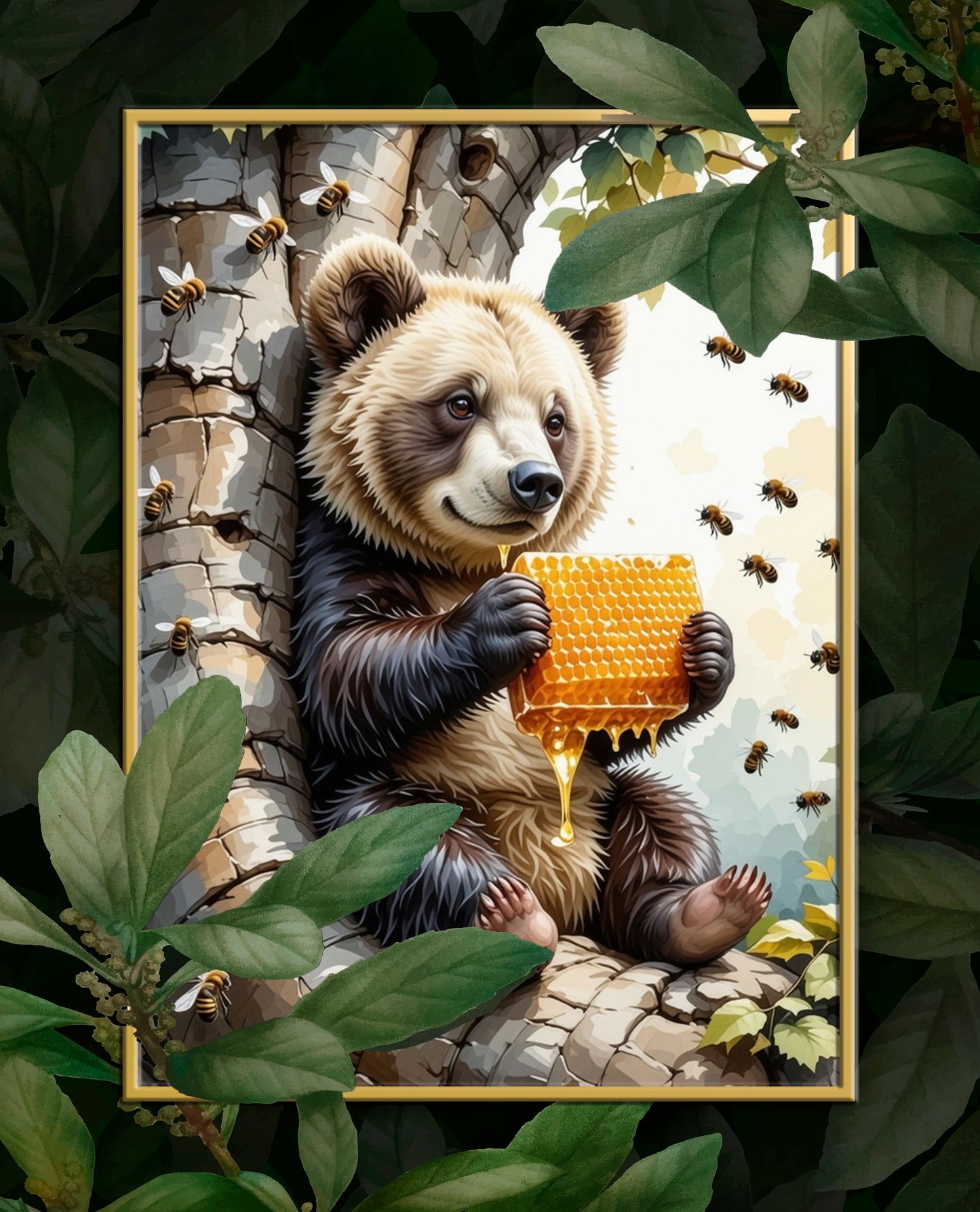Cute Bear eating a Honey Comb on a Tree Art Print - Digital Download