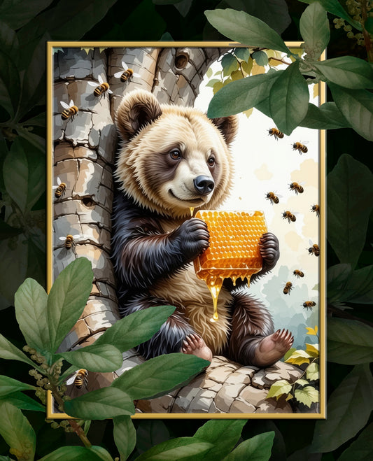 Cute Bear eating a Honey Comb on a Tree Art Print - Digital Download