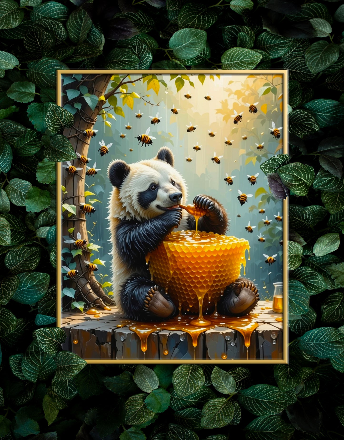Bear eating a Honey Comb on a Forest Tree Art Print - Digital Download