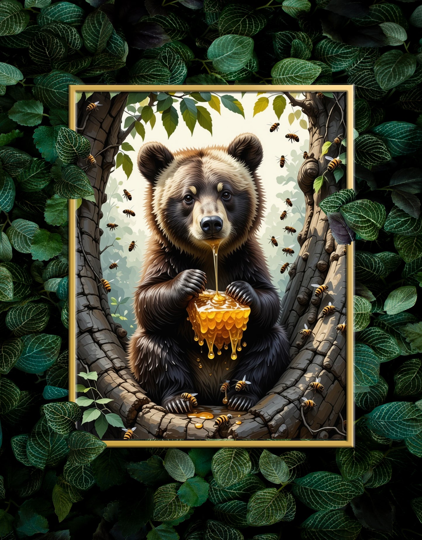 Bear eating a Honey Comb on a Forest Tree Art Print - Digital Download