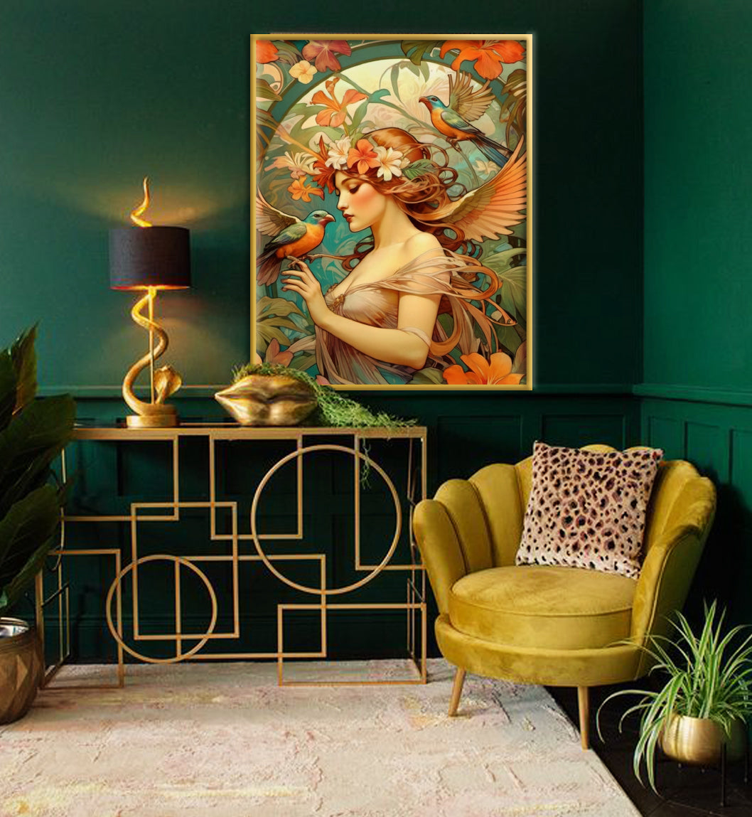 Beautiful Portrait of a Woman in Art Nouveau Style - Tropical Birds - Digital Download
