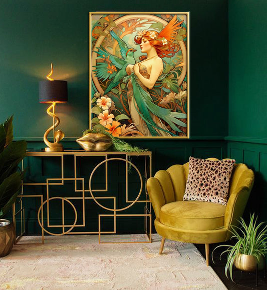 Beautiful Portrait of a Woman in Art Nouveau Style - Tropical Birds - Digital Download