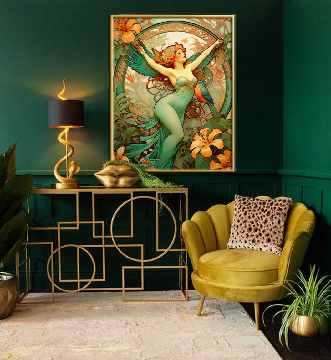 Beautiful Tropical Portrait of a Woman in Art Nouveau Style - Tropical Birds - Digital Download