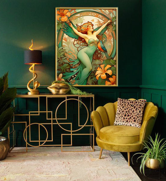 Beautiful Tropical Portrait of a Woman in Art Nouveau Style - Tropical Birds - Digital Download