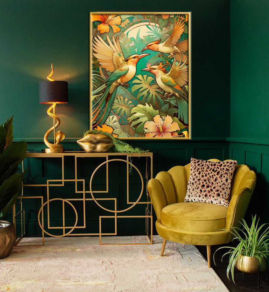 Beautiful Tropical Art Nouveau Style Art Print - Tropical Birds - Digital Download