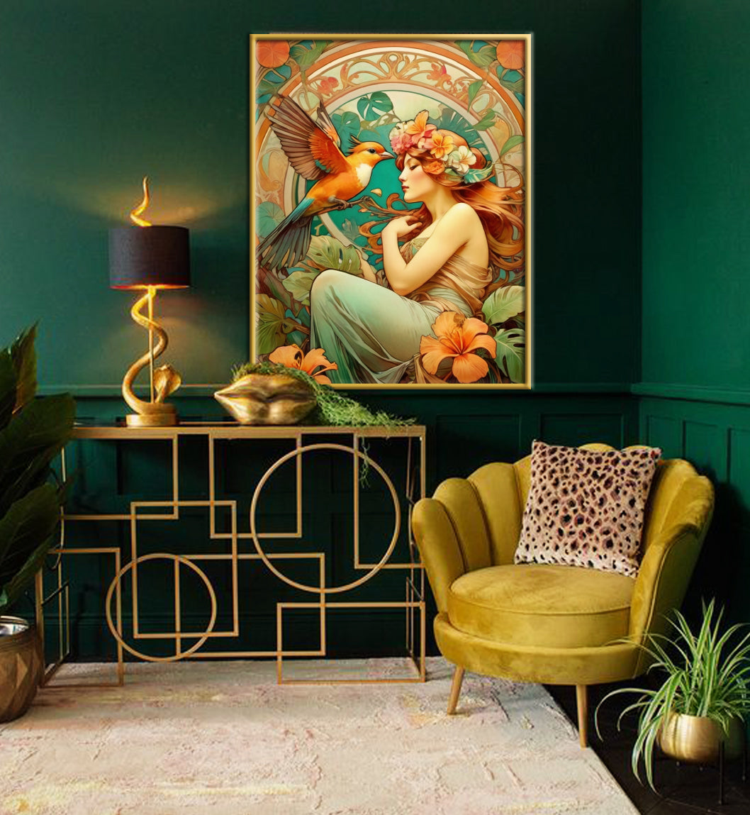 Beautiful Portrait of a Woman in Art Nouveau Style - Tropical Birds - Digital Download