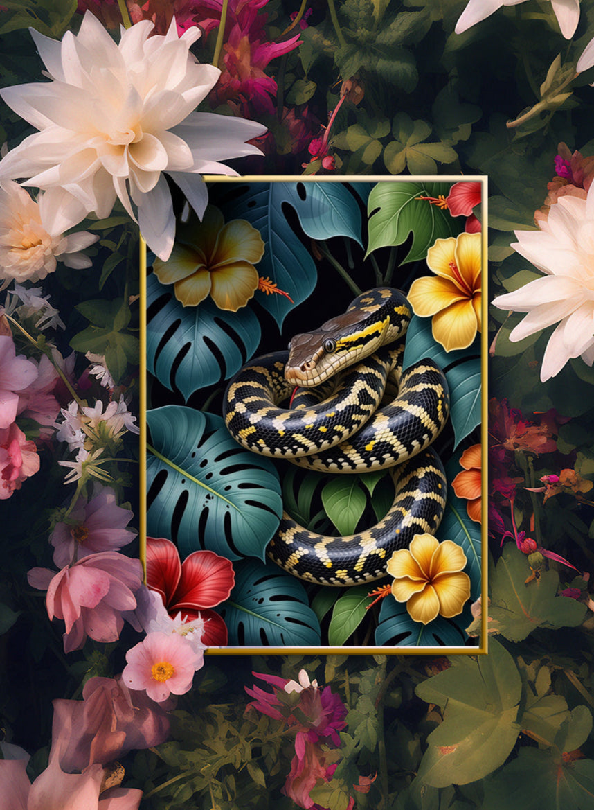 Boa Constrictor surrounded by Jungle Leaves Tropical Art Print - Digital Download