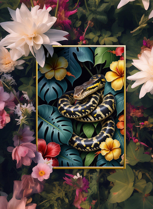 Boa Constrictor surrounded by Jungle Leaves Tropical Art Print - Digital Download