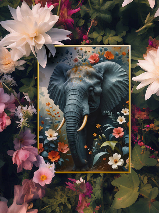 Elephant Portrait with Flowers Art Print - Digital Download