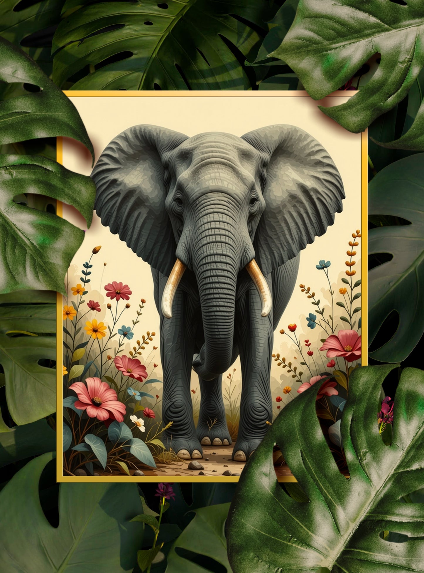 Elephant Portrait with Flowers Art Print - Digital Download