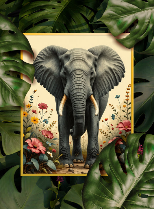 Elephant Portrait with Flowers Art Print - Digital Download