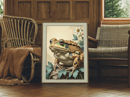 Idyllic Frog with Leaves and Flowers Cottage Style Art Print - Digital Download