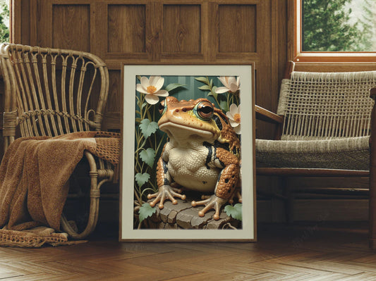 Idyllic Frog with Flowers Cottage Style Art Print - Digital Download