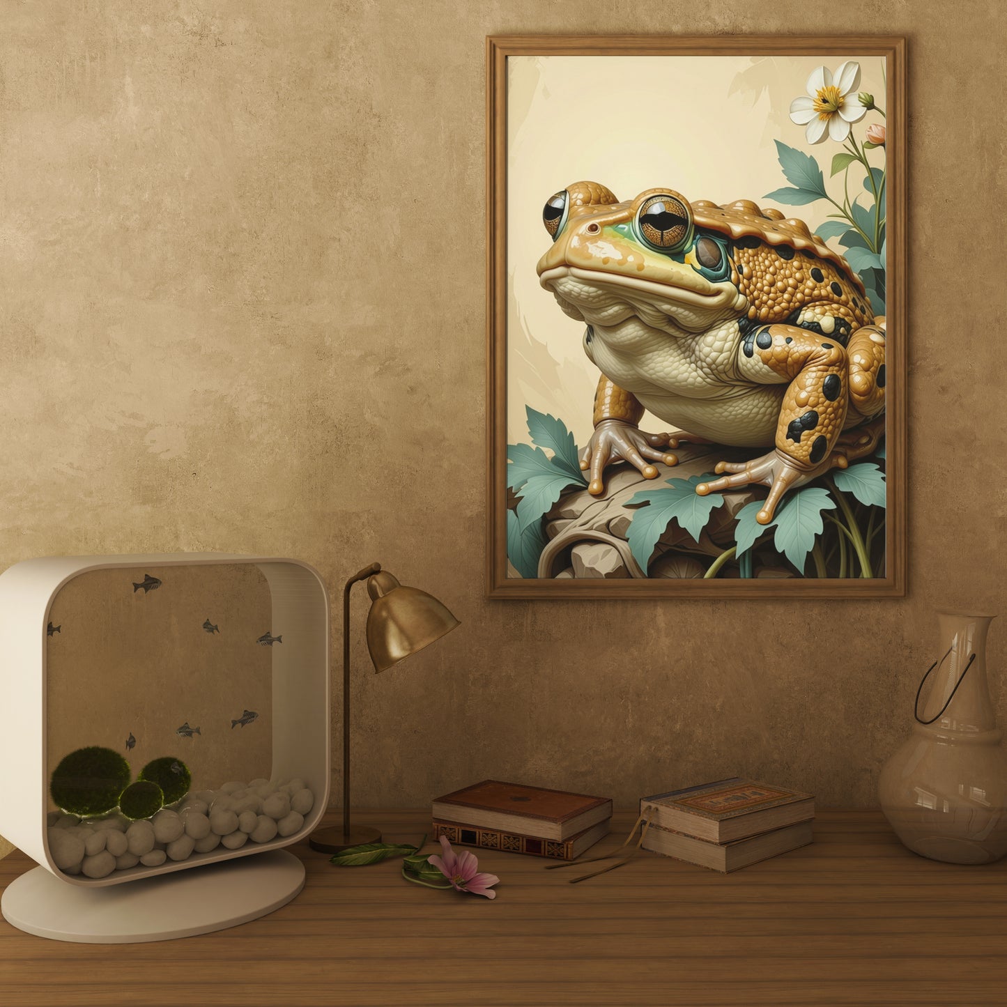 Idyllic Frog with Leaves and Flowers Cottage Style Art Print - Digital Download