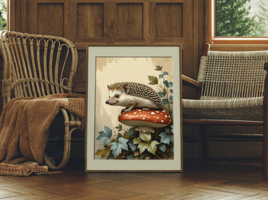 Hedgehog sitting on Mushroom Cottage Style Art Print - Digital Download