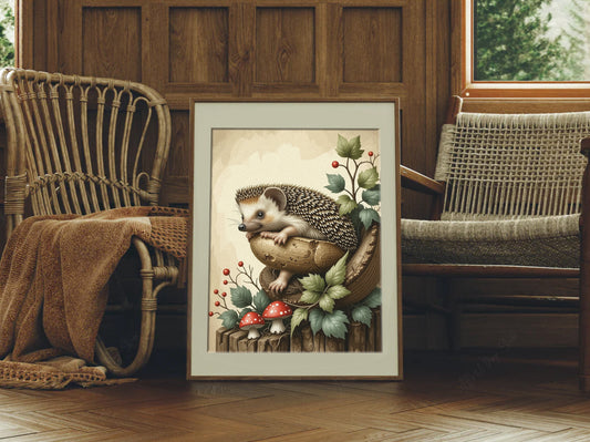 Hedgehog sitting in Nut Shell Cottage Style Art Print - Digital Download