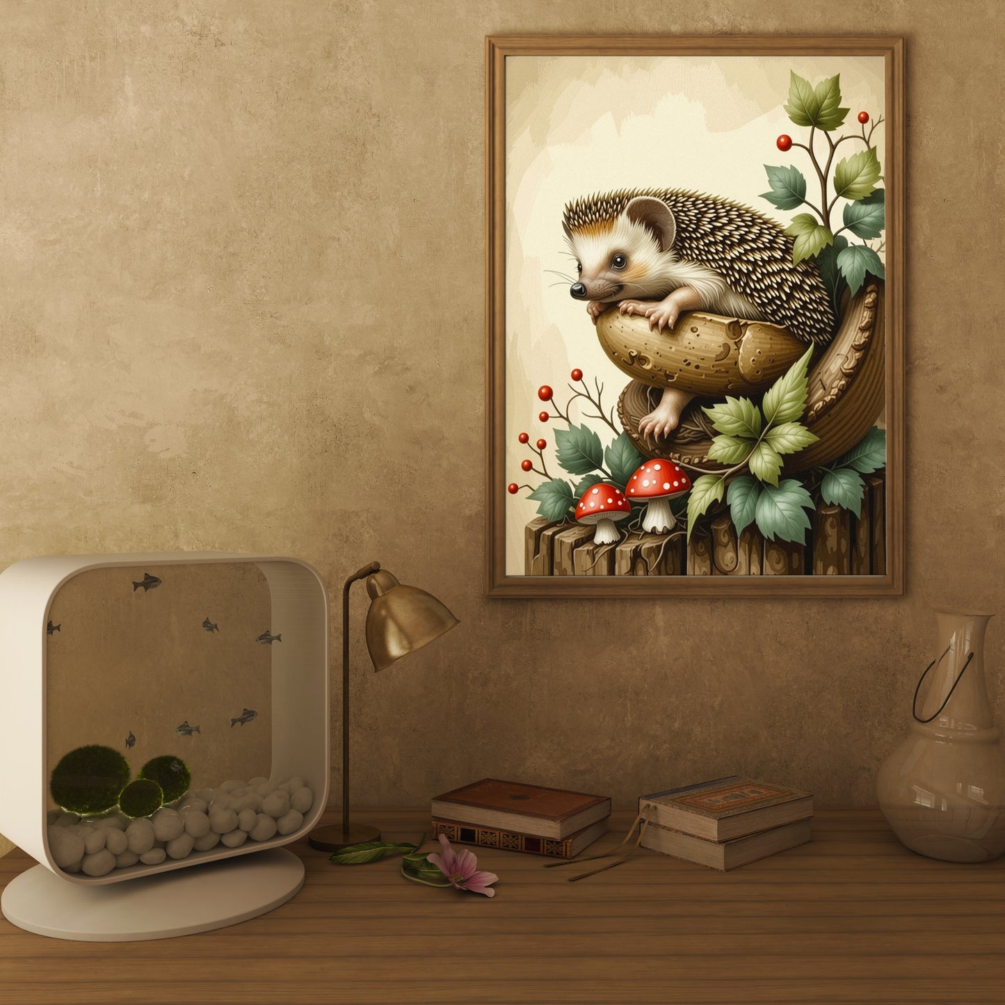 Hedgehog sitting in Nut Shell Cottage Style Art Print - Digital Download