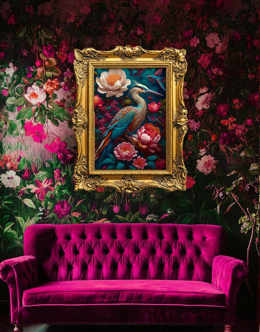 Heron Beautiful Floral Art Print - Digital Download